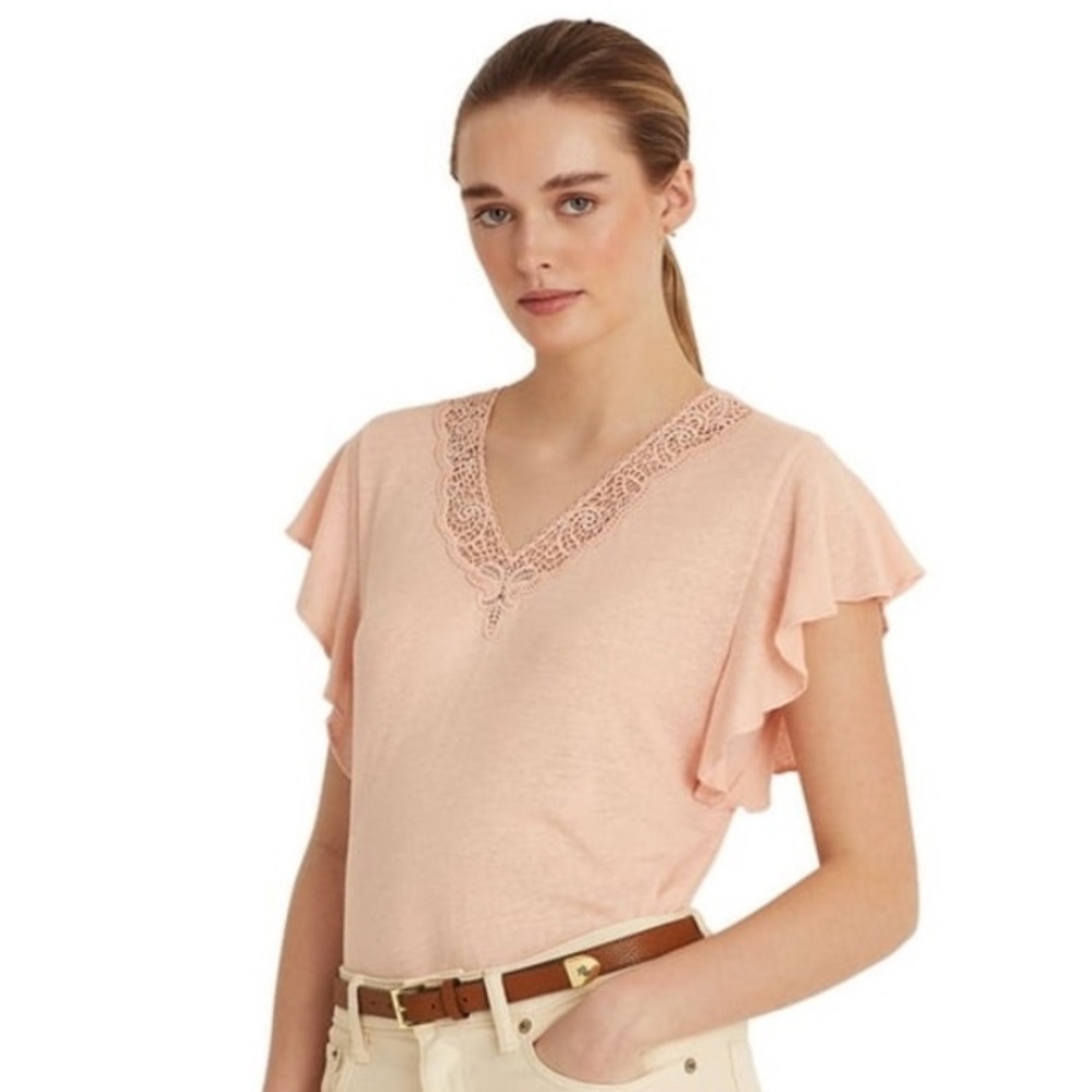 Ralph Lauren Linen blend Pink Flutter Sleeve V Neck
Top Women’s XS Pale Pink